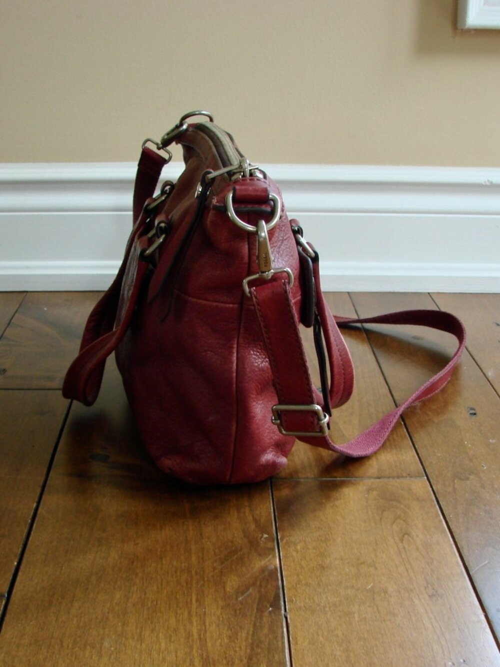 Fossil Dawson Burgundy Leather Satchel Bag Purse Crossbody Cow Hide Long Strap - Picture 4 of 16